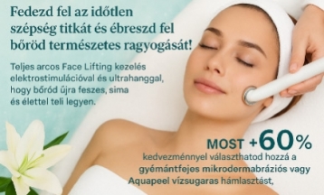 Fedezd fel az időtlen szépség titkát és ébreszd fel bőröd természetes ragyogását! Teljes arcos Face Lifting kezelés elektrostimulációval és ultrahanggal, hogy bőröd újra feszes, sima és élettel teli legyen. Most +60% kedvezménnyel választhatod hozzá a gyé - akciós kupon